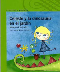 Celeste y la dinosauria en el jardín
