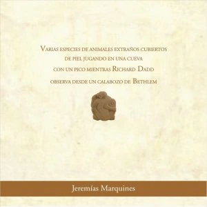 Varias especies de animales extraños cubiertos de piel jugando juntos en una cueva con un pico mientras Richard Dadd observa desde un calabozo de Bethlan
